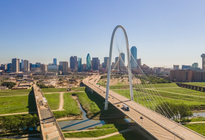 The Santiago Calatrava-designed Margaret Hunt Hill Bridge spans Dallas’ Trinity River.