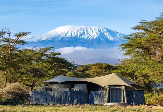 A guest suite at Angama Amboseli with views of Mt. Kilimanjaro