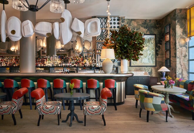 The all-day restaurant and bar at the Warren Street Hotel is filled with pops of color and patterns.