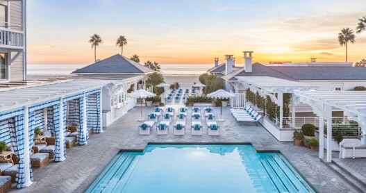 The pool at sunset at Shutters on the Beach in Santa Monica, California.